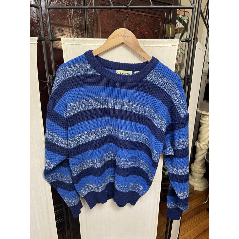 Vintage St John's Bay Men's L 42-44 Blue Striped Knit Sweater 80s 90s Grandpa